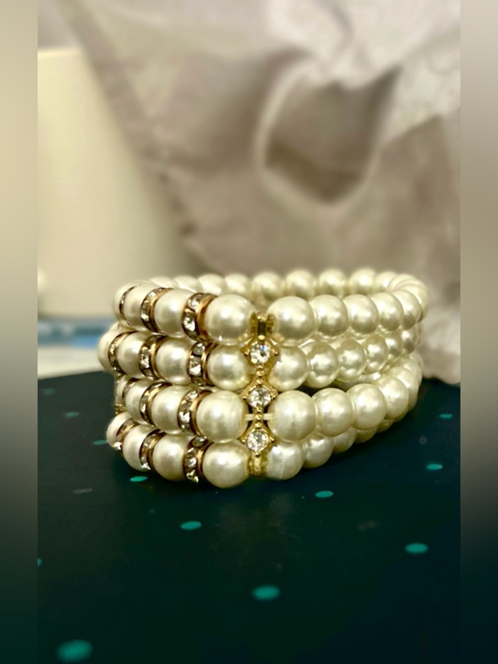 Beautiful Four-row Faux Pearl Stretch Bracelet with Gold & Crystal Accents - Picture 10 of 11